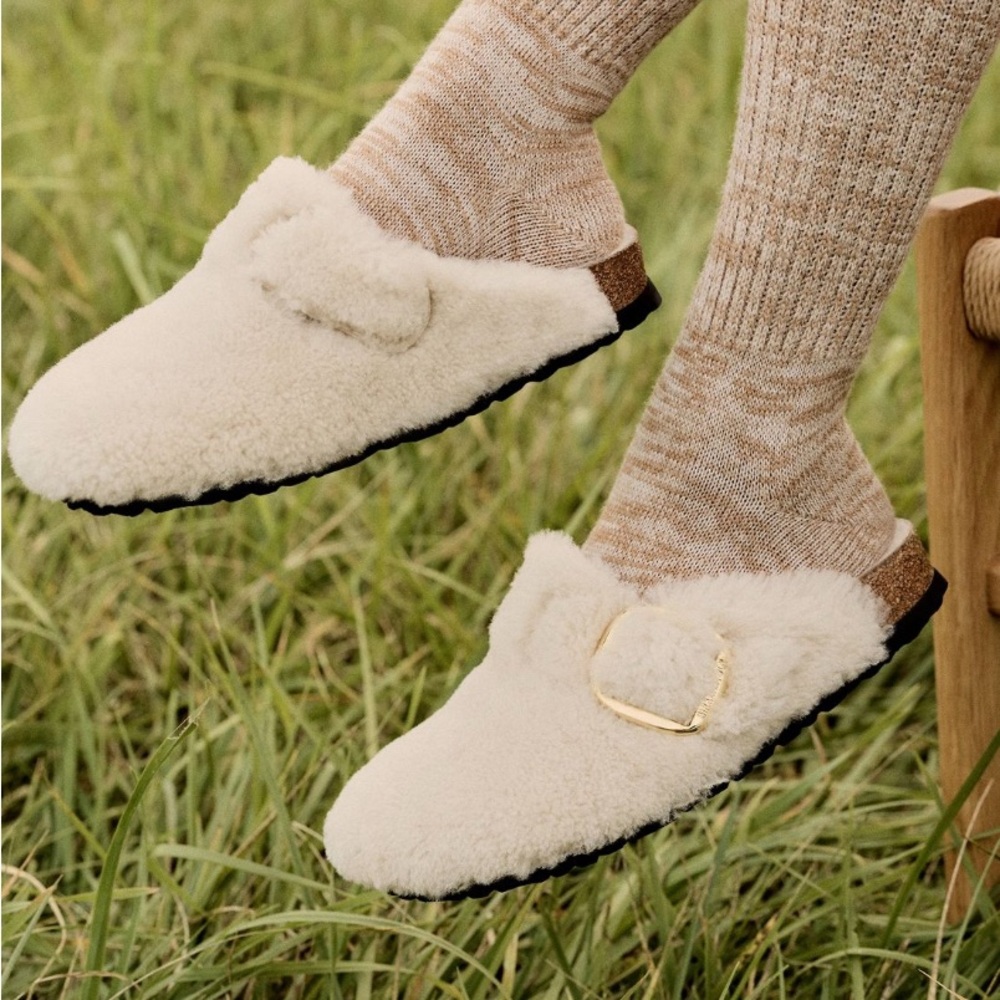 Birkenstock Cream Shearling Mule with Gold Buckle